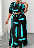 Plus Size Women Summer Printed High-Waist Wide-Leg Pants & Short Sleeve Top Two-Piece Set