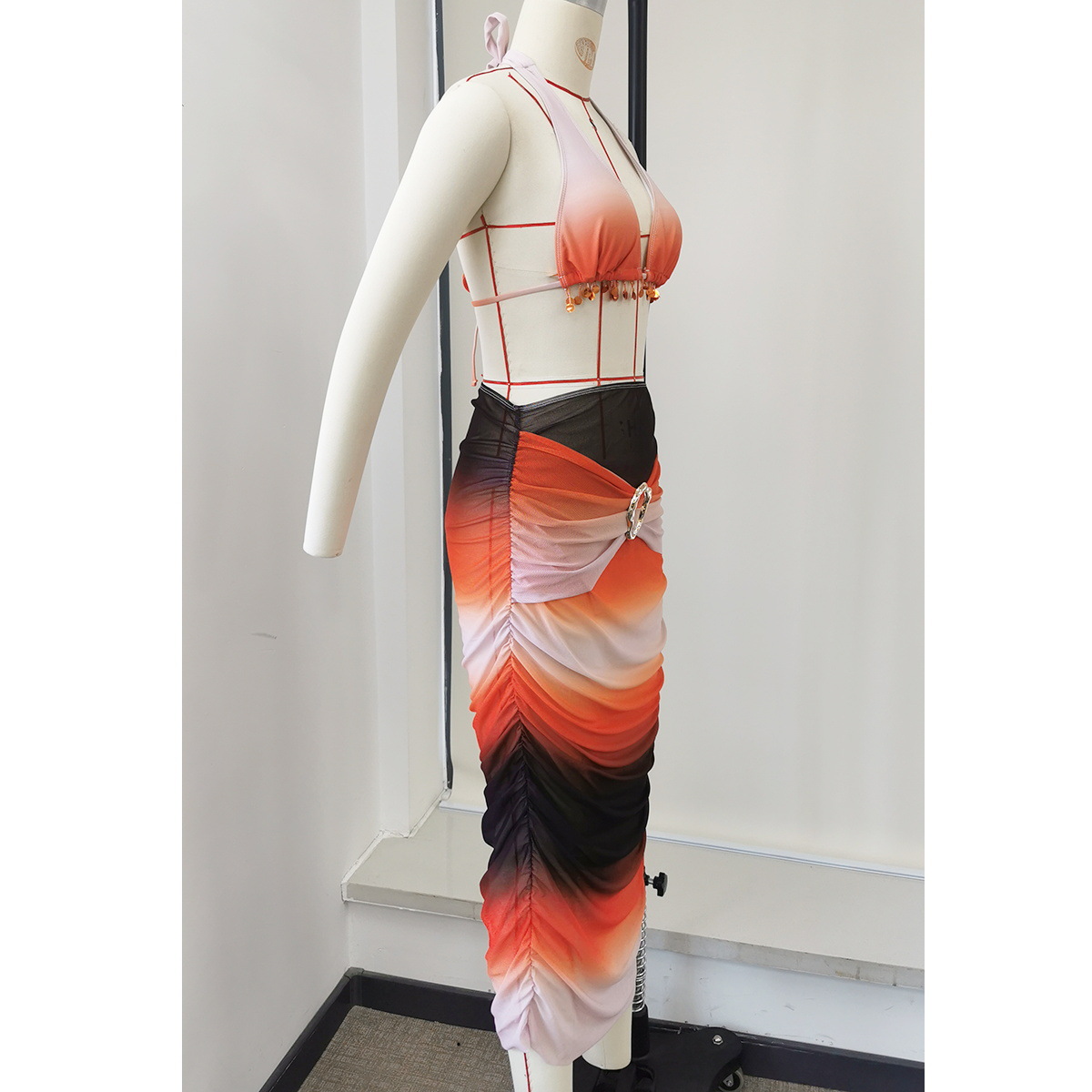 Gradient Lace-Up Low Back Bikini & Bodycon Skirt Set