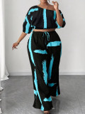 Plus Size Women Summer Printed High-Waist Wide-Leg Pants & Short Sleeve Top Two-Piece Set