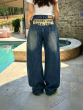 Women Asymmetrical Letter Patch Washed Denim Pants