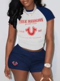Women Fashion Printed Short Sleeve Two-Piece Shorts Set