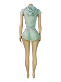 Women Waffle Texture Hooded Zip Top & Drawstring Shorts Two-Piece Set