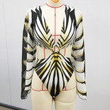 Women Striped Printed Chiffon Long Sleeve One-Piece Bikini Hollow Out Deep V Swimsuit