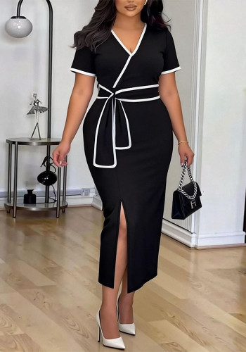 Plus Size Women Summer Solid Color Trim Short Sleeve Split Dress Elegant Career Wear
