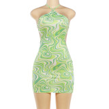 Women Summer Printed Sleeveless Halter Neck Low Back Bodycon Dress