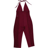 Women Summer Low Cut Halter Neck See-Through Mesh Patchwork Jumpsuit