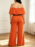 Plus Size Women Casual Off Shoulder Bodysuit with Ruffle Cover Up & High-Waist Wide-Leg Pants Two-Piece Set