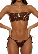 Women Strapless Metal Dot Lace-Up Two Pieces Bikini Swimsuit