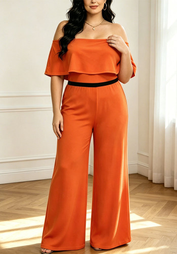 Plus Size Women Casual Off Shoulder Bodysuit with Ruffle Cover Up & High-Waist Wide-Leg Pants Two-Piece Set
