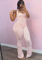 Women Summer Polka Dot Printed Slim Fit Halter Neck Tank Top & Pants Set