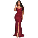 Women Spring & Summer V-neck Off Shoulder Bodycon Dress Ruched Split Maxi Dress