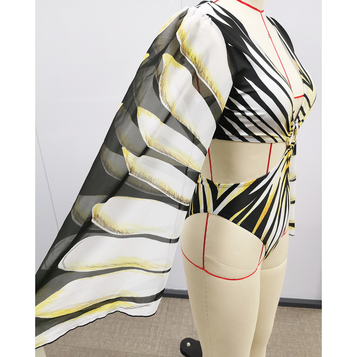 Striped Chiffon Long Sleeve Hollow-Out Deep V One-Piece Swimsuit