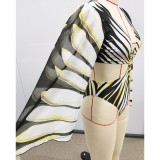 Women Striped Printed Chiffon Long Sleeve One-Piece Bikini Hollow Out Deep V Swimsuit