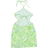 Women Summer Printed Sleeveless Halter Neck Low Back Bodycon Dress