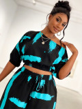Plus Size Women Summer Printed High-Waist Wide-Leg Pants & Short Sleeve Top Two-Piece Set