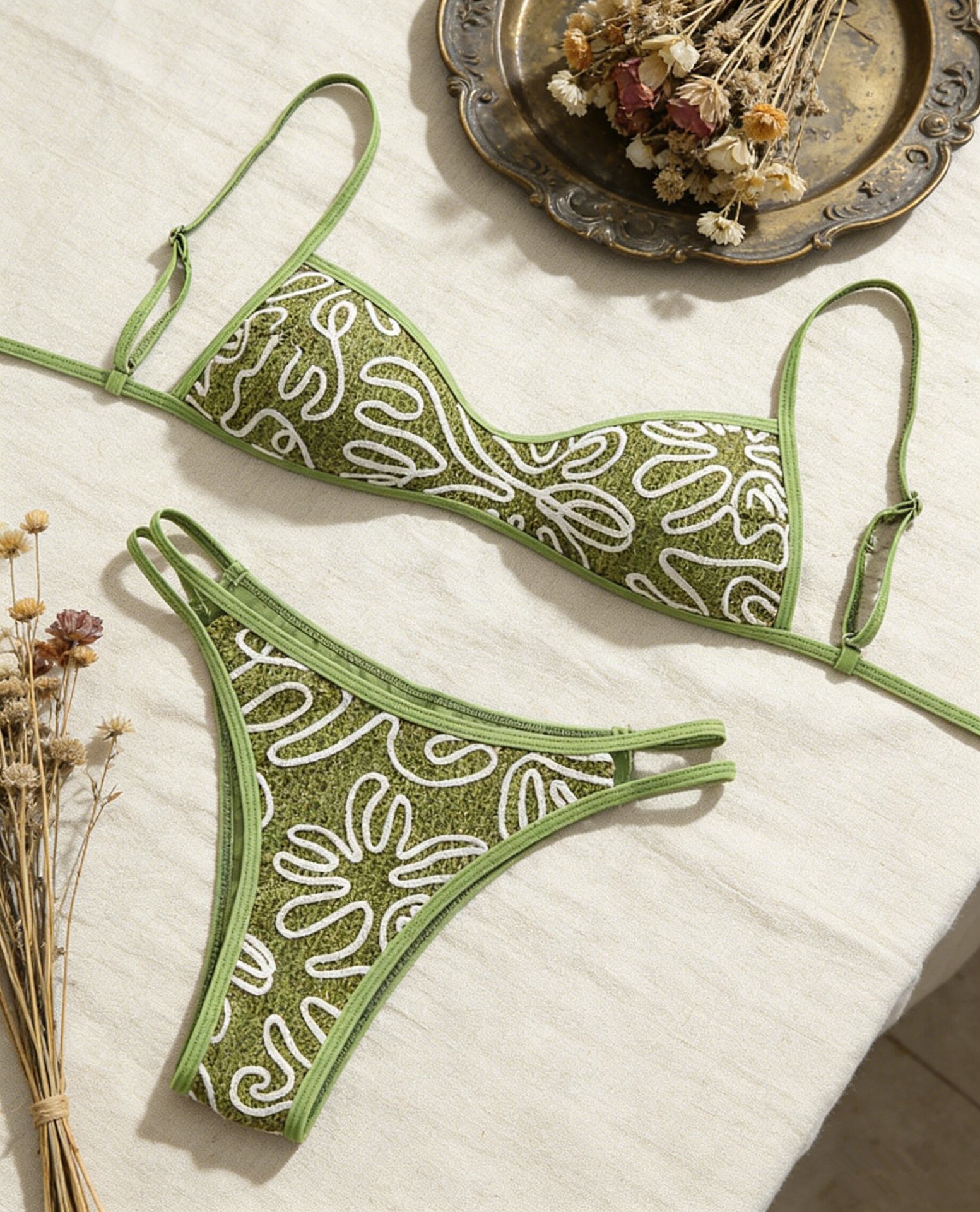 Olive Green Textured Adjustable Strap Two-Piece Bikini Swimsuit