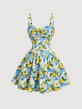 Women Floral Printed Strap Dress Elegant Tie Waist A-line Dress