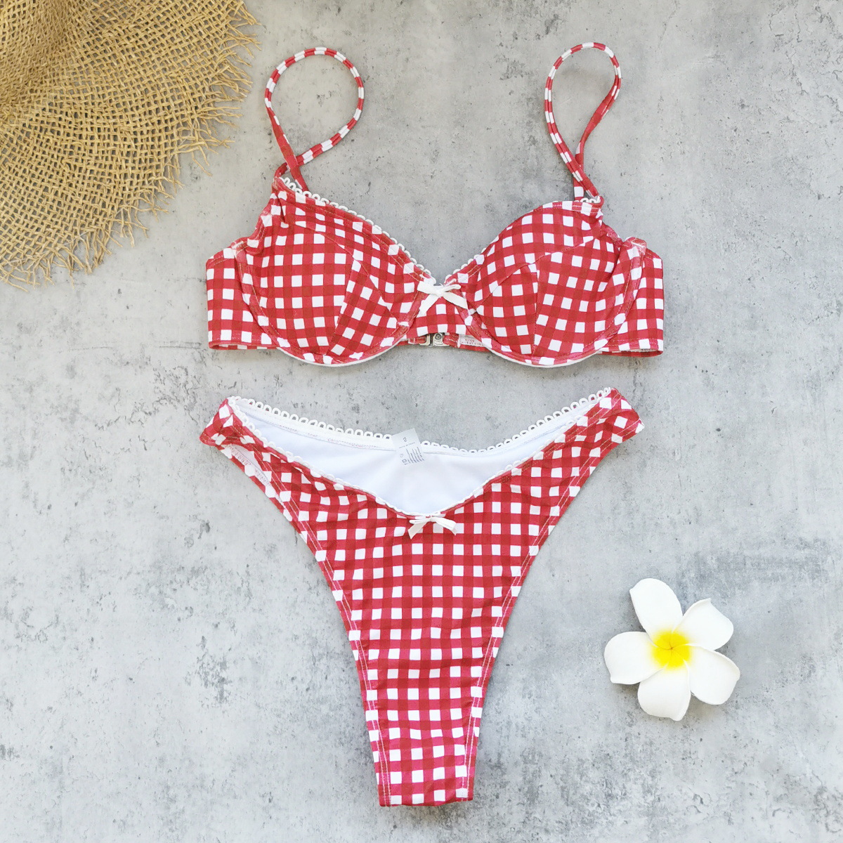 Plaid Print High Slit Low Back Two-Piece Bikini Swimsuit