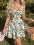 Women Floral Printed Strap Dress Elegant Tie Waist A-line Dress