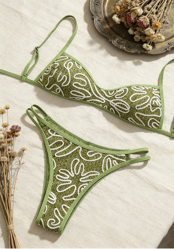 Women Olive Green Texture Adjustable Strap Two Pieces Bikini Swimsuit