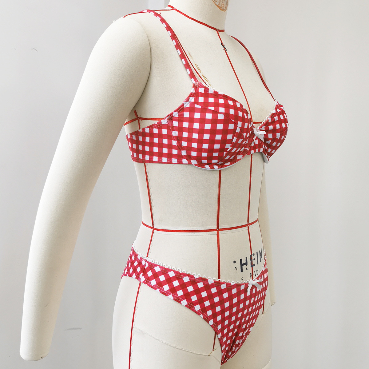 Plaid Print High Slit Low Back Two-Piece Bikini Swimsuit