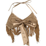 Women Summer Low Cut Halter Neck Tank Top with Tassel Patchwork