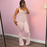 Women Summer Polka Dot Printed Slim Fit Halter Neck Tank Top & Pants Set