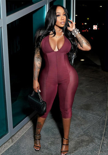 Women Summer Low Cut Halter Neck See-Through Mesh Patchwork Jumpsuit