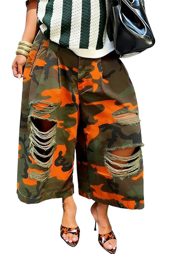 Women Casual Camouflage Ripped Loose Wide-Leg Denim Pants