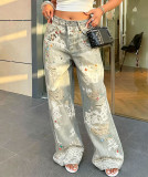Women Lace Colorful Rhinestone Ripped Printed Denim Pants