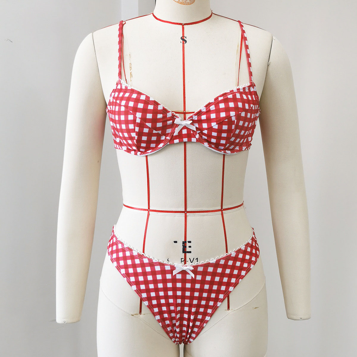 Plaid Print High Slit Low Back Two-Piece Bikini Swimsuit