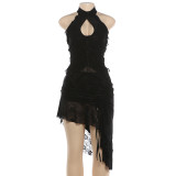 Women Summer Mesh Patchwork Sleeveless Halter Neck Top & Skirt Set