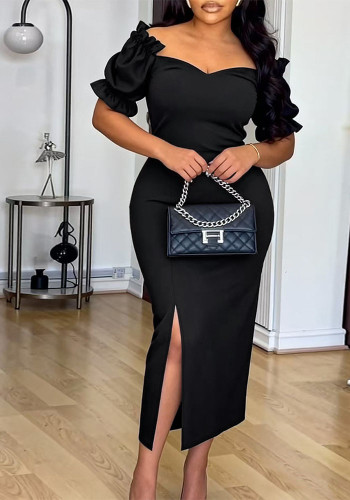 Plus Size Women Summer Solid Color Off Shoulder Short Sleeve Split Dress Elegant Career Wear