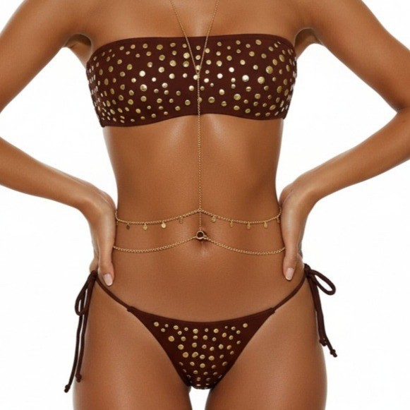 Metal Dot Strapless Lace-Up Two-Piece Bikini Swimsuit
