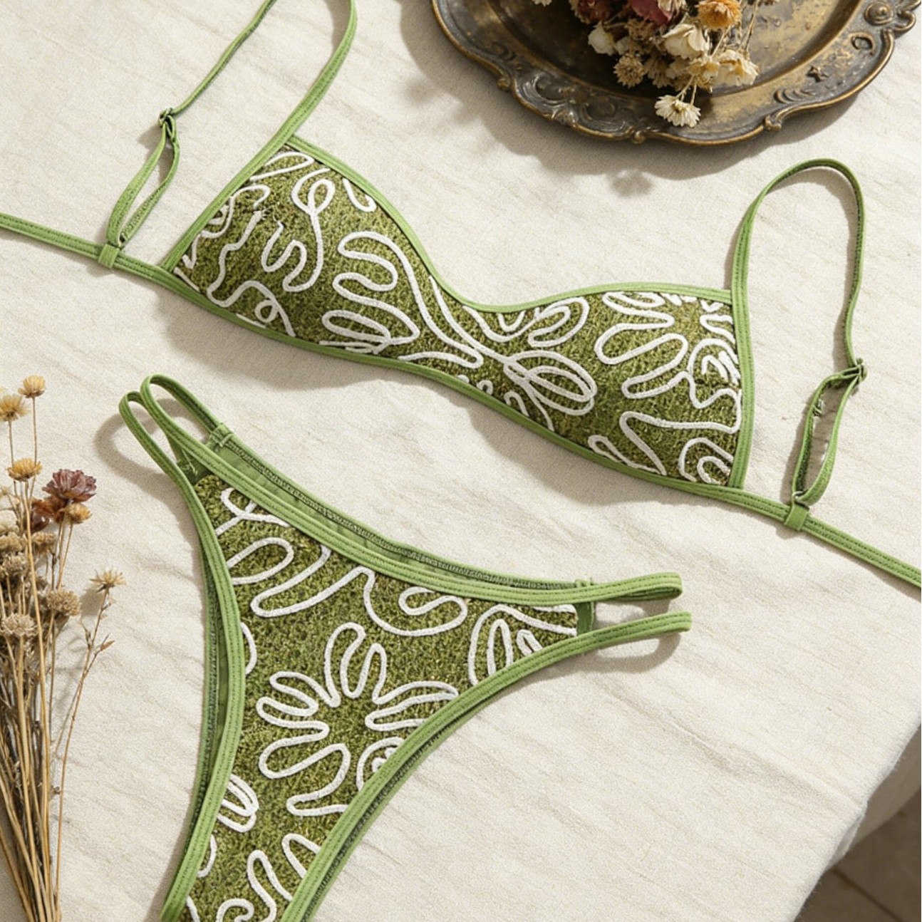 Olive Green Textured Adjustable Strap Two-Piece Bikini Swimsuit