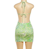 Women Summer Printed Sleeveless Halter Neck Low Back Bodycon Dress
