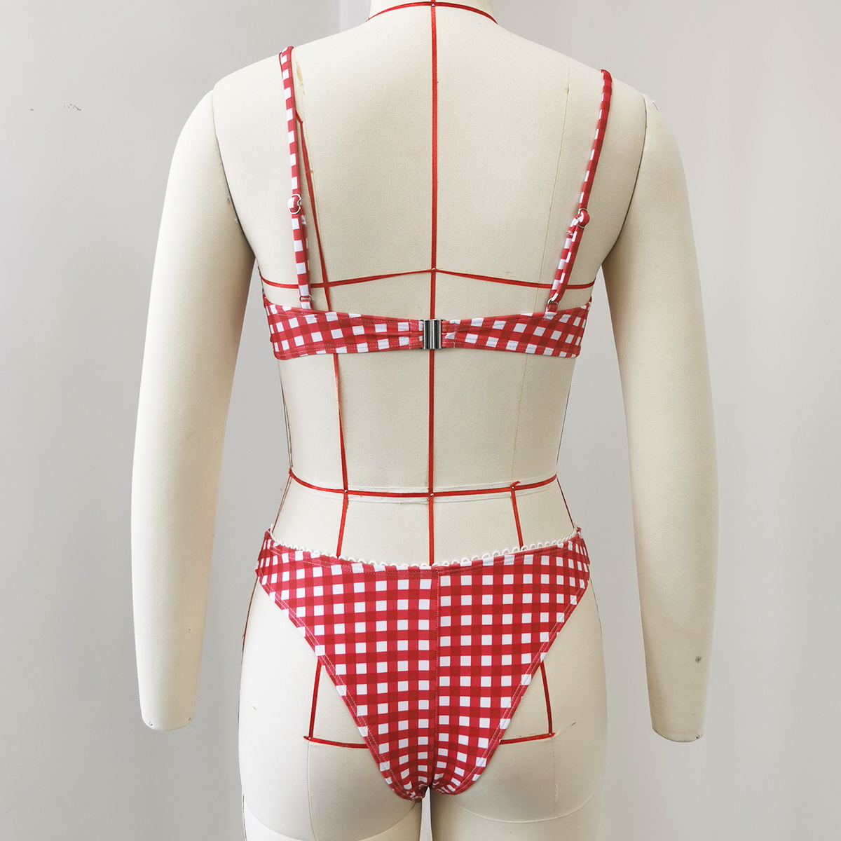 Plaid Print High Slit Low Back Two-Piece Bikini Swimsuit