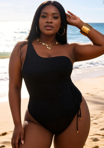 Plus Size Women Solid Color One-Shoulder Tie Waist One-Piece Slim Fit Swimsuit