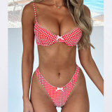 Women Retro Plaid Printed High Slit Low Back Two Pieces Bikini Swimsuit