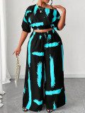 Plus Size Women Summer Printed High-Waist Wide-Leg Pants & Short Sleeve Top Two-Piece Set