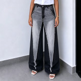 Women Color Block Irregular Cut Ripped Patchwork Denim Pants