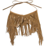 Women Summer Low Cut Halter Neck Tank Top with Tassel Patchwork