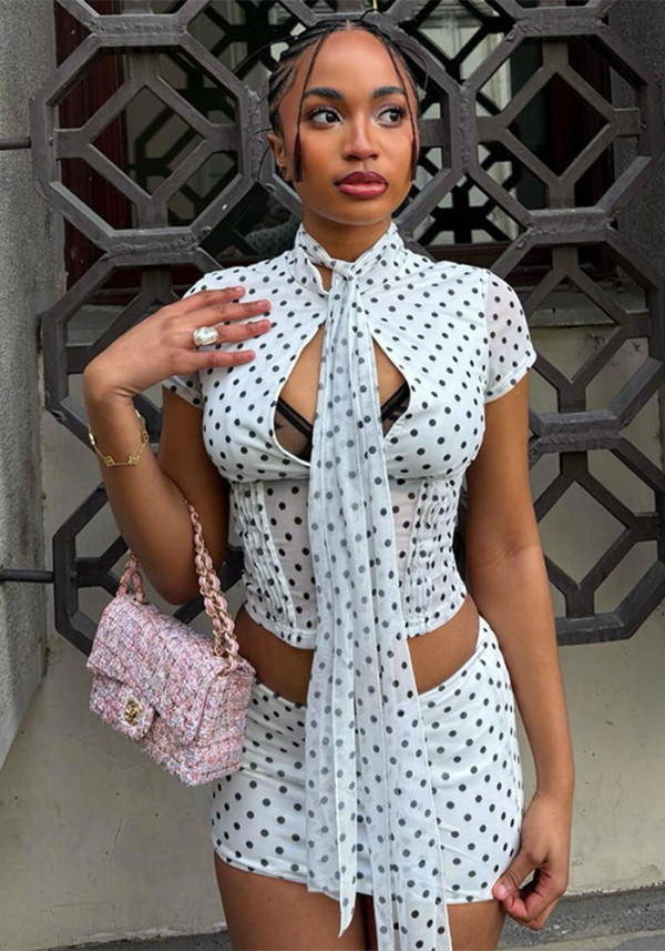 Women Chic Polka Dot Two-Piece Set Crop Short Sleeve Lace-Up Design Top and Skirt Set
