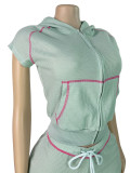 Women Waffle Texture Hooded Zip Top & Drawstring Shorts Two-Piece Set