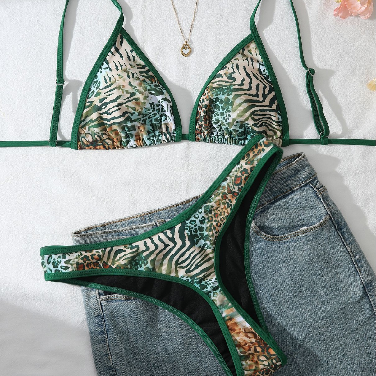 Green Leopard Print Slim Fit Two-Piece Bikini Swimsuit