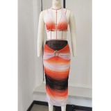 Women Gradient Lace-Up Low Back Two Pieces Bikini Bodycon Skirt Set