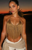 Women Summer Low Cut Halter Neck Tank Top with Tassel Patchwork