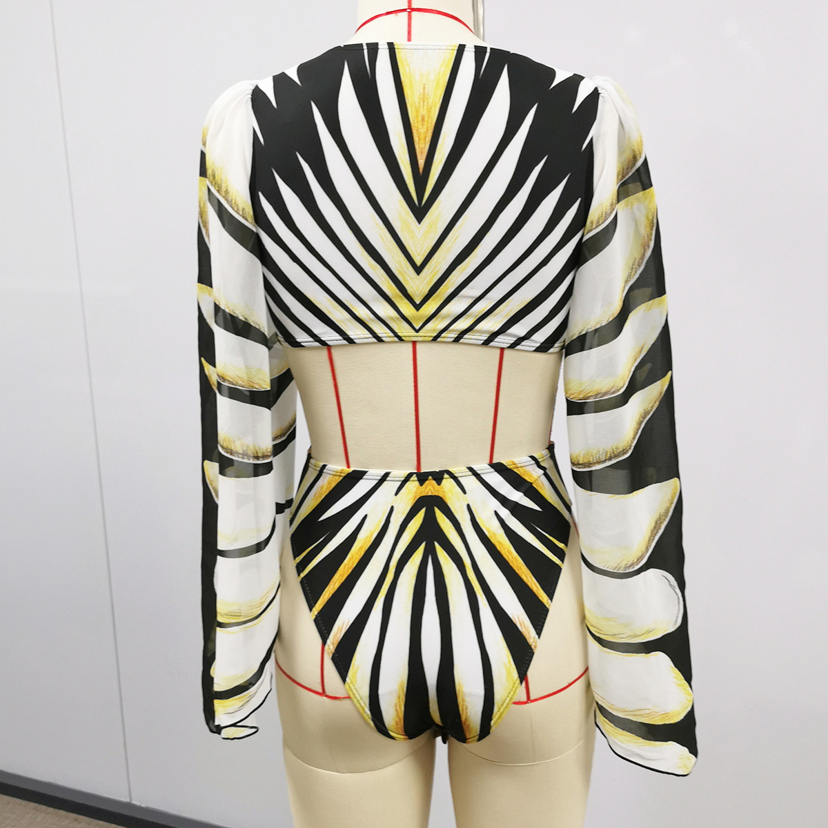 Striped Chiffon Long Sleeve Hollow-Out Deep V One-Piece Swimsuit