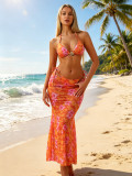 Women Printed Low Back Bikini with Long Mesh Skirt Three-Piece Swimsuit