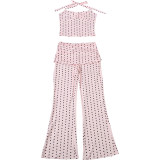 Women Summer Polka Dot Printed Slim Fit Halter Neck Tank Top & Pants Set